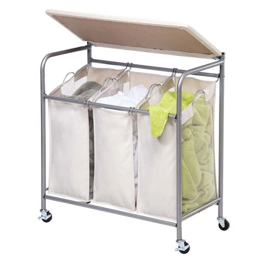 3 Section Wheeled Laundry Sorter Cart with Lift Top Folding Ironing Board-Novel Home