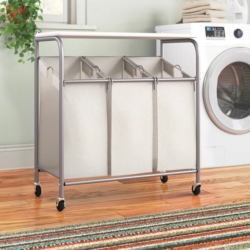 Bathroom > Laundry Hampers - 3 Section Wheeled Laundry Sorter Cart With Lift Top Folding Ironing Board