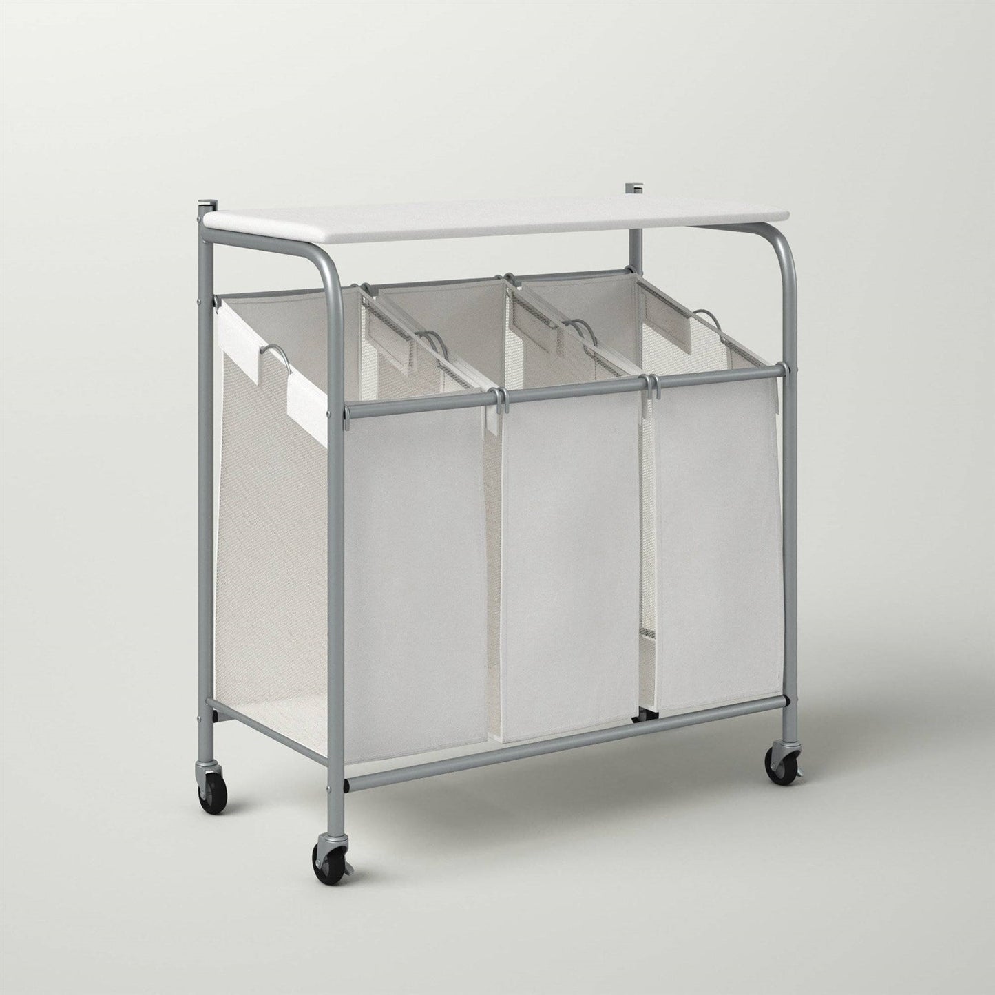 Bathroom > Laundry Hampers - 3 Section Wheeled Laundry Sorter Cart With Lift Top Folding Ironing Board