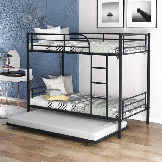 Bedroom > Bed Frames > Bunk Beds - Twin Over Twin Bunk Bed With Trundle Bed In Black Metal Finish