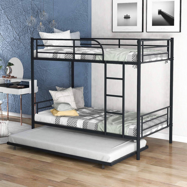 Bedroom > Bed Frames > Bunk Beds - Twin Over Twin Bunk Bed With Trundle Bed In Black Metal Finish