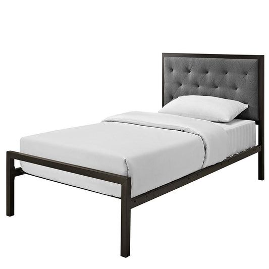 Bedroom > Bed Frames > Platform Beds - Twin Metal Platform Bed With Gray Fabric Button Tufted Upholstered Headboard