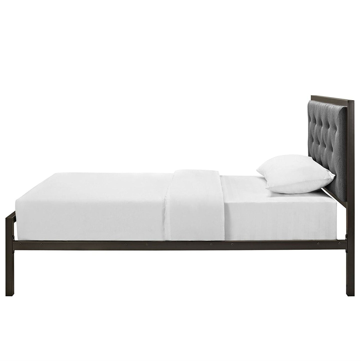 Bedroom > Bed Frames > Platform Beds - Twin Metal Platform Bed With Gray Fabric Button Tufted Upholstered Headboard