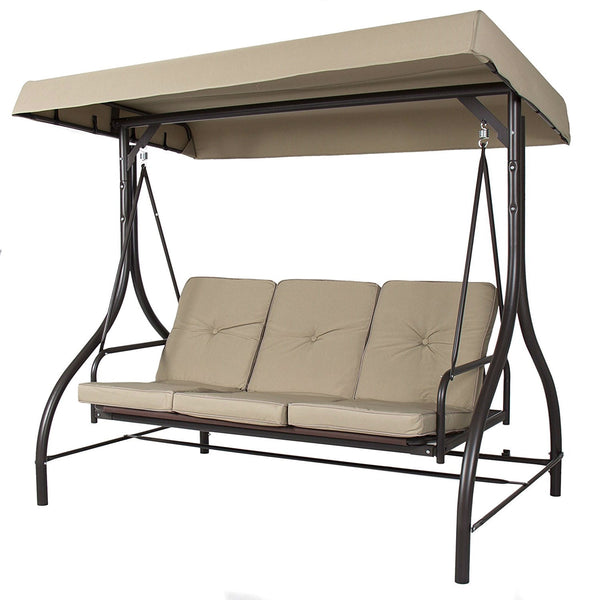 Outdoor > Outdoor Furniture > Porch Swings And Gliders - Tan 3-Seat Outdoor Porch Deck Patio Canopy Swing With Cushions