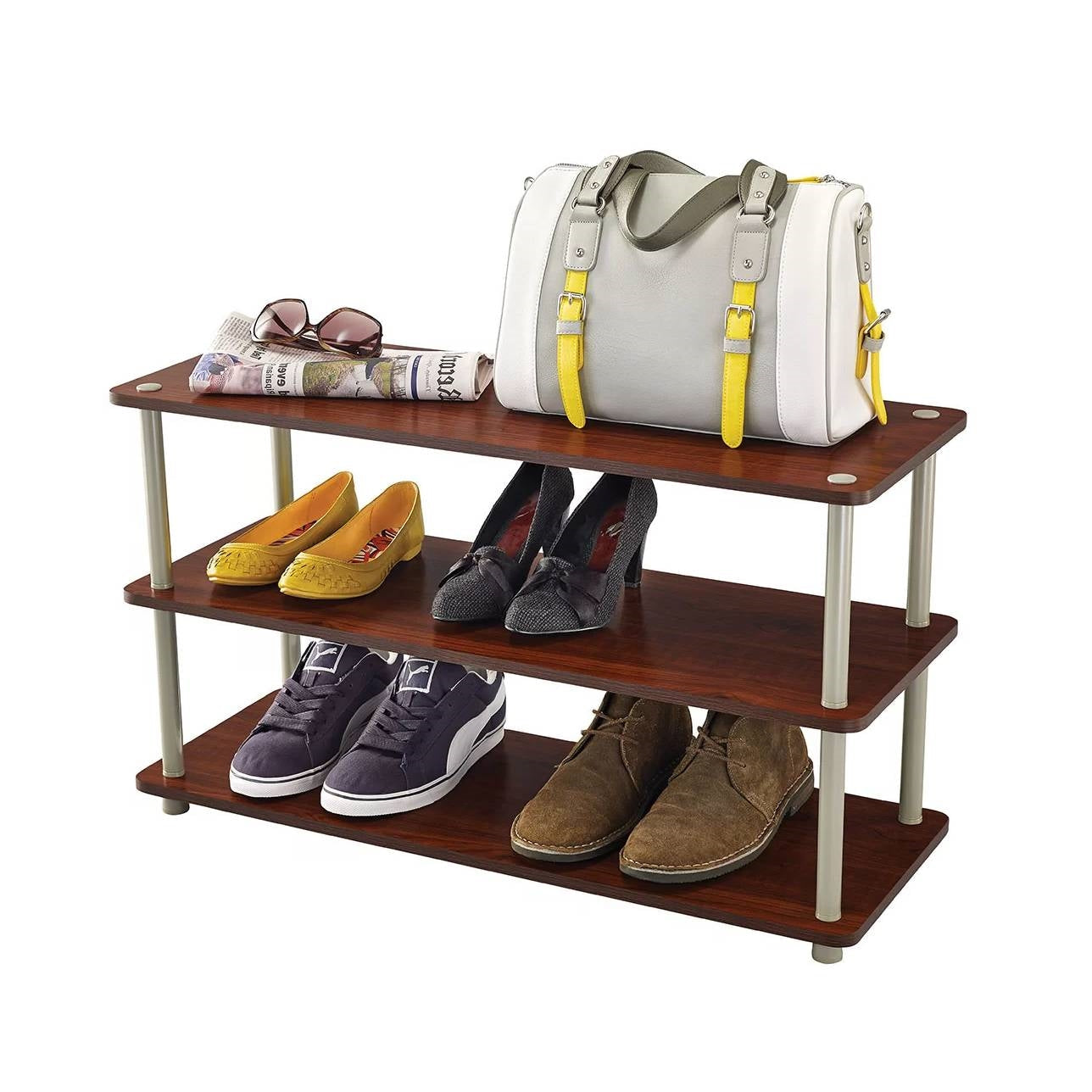 Accents > Shoe Racks - Dark Cherry 3-Shelf Modern Shoe Rack - Holds Up To 12 Pair Of Shoes