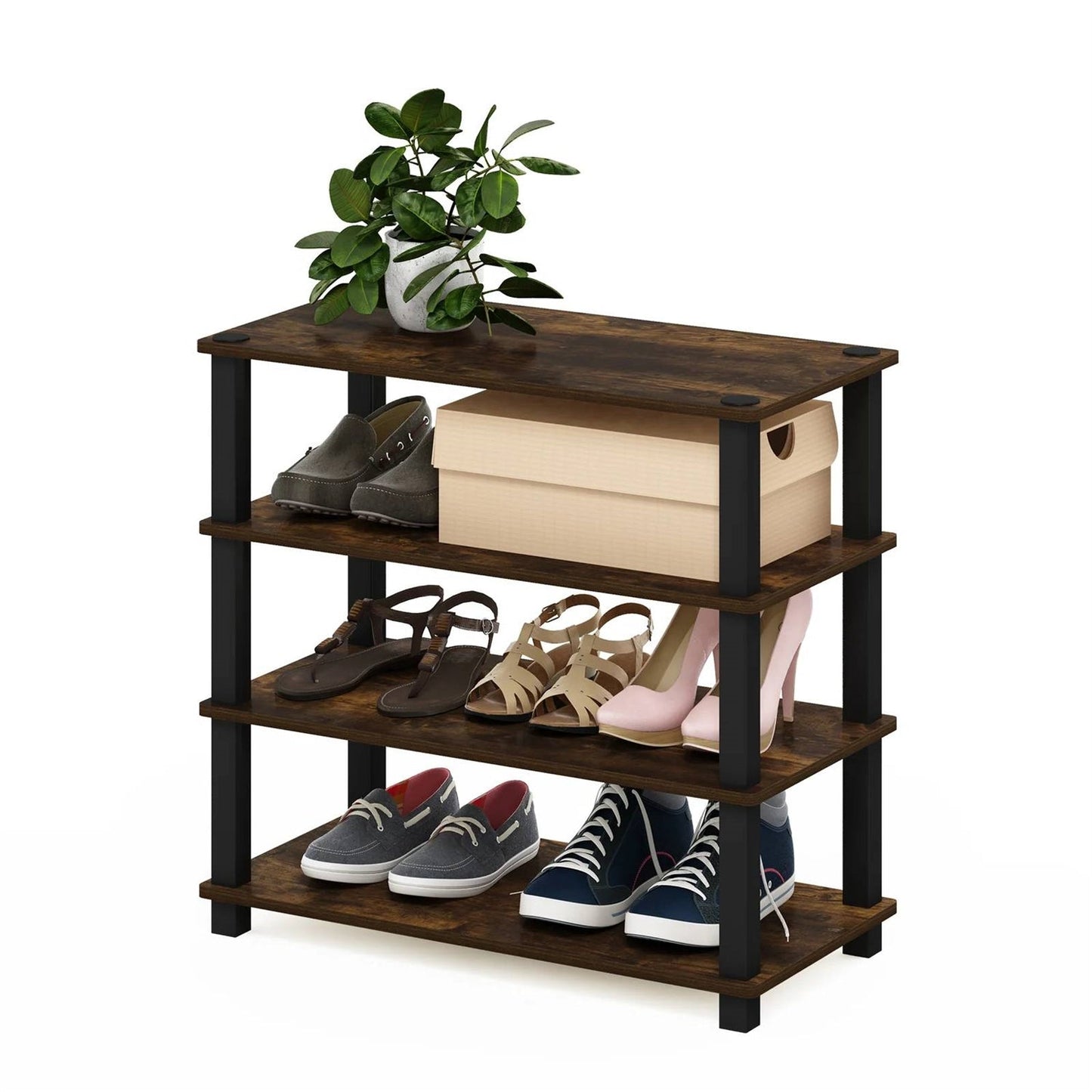 Accents > Shoe Racks - Stackable 4-Shelf Black Brown Wood Shoe Rack - Holds Up To 12 Pair Of Shoes