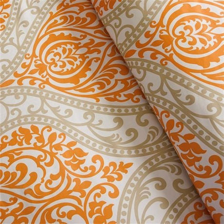 Bedroom > Comforters And Sets - Twin Size 4-Piece Orange White Damask Print Comforter Set