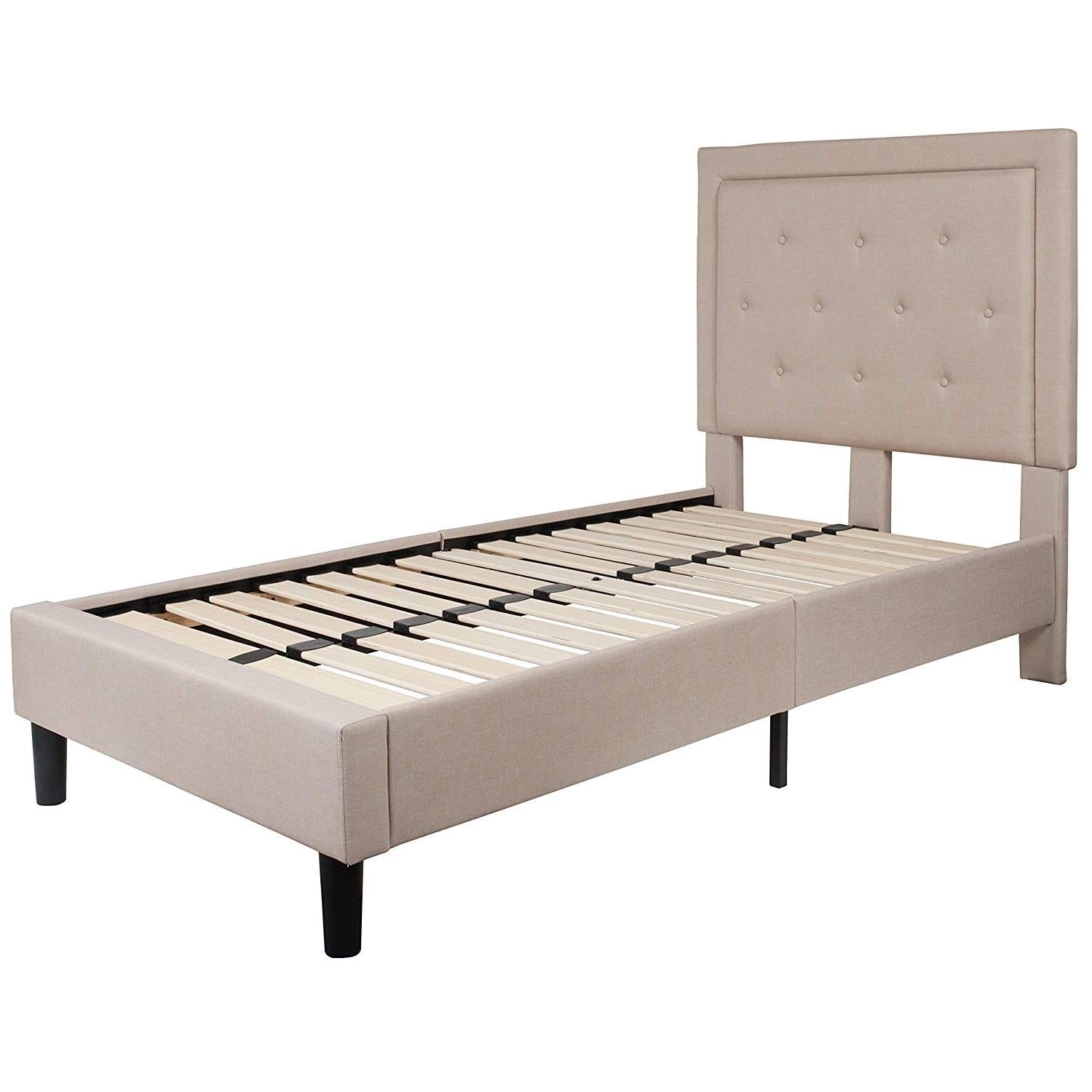 Bedroom > Bed Frames > Platform Beds - Twin Beige Fabric Upholstered Platform Bed With Button Tufted Headboard