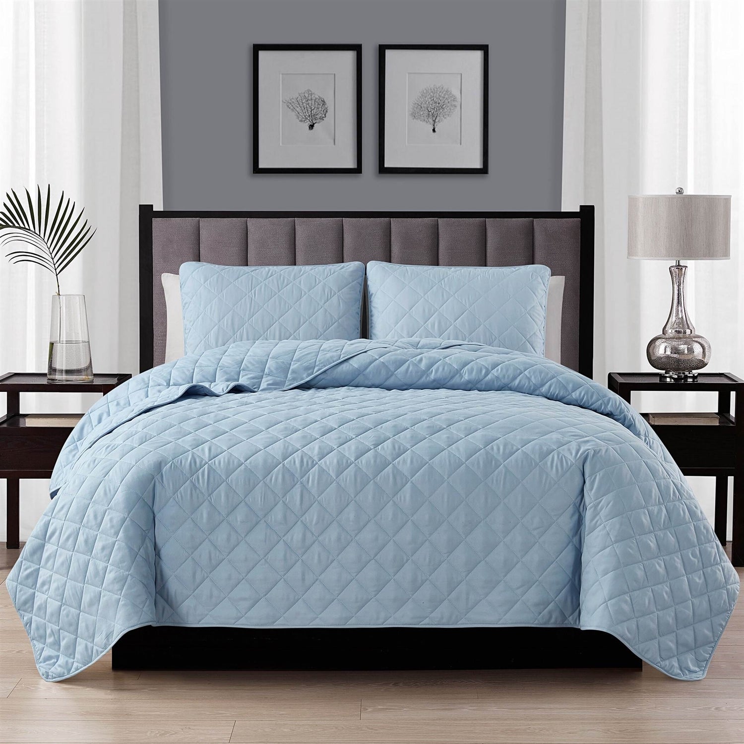 Bedroom > Quilts & Blankets - Twin/Twin XL 2-Piece Light Blue Microfiber Reversible Diamond Quilt Set