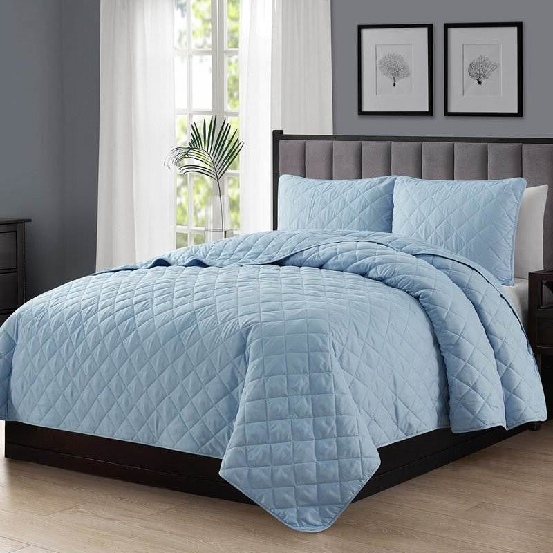 Bedroom > Quilts & Blankets - Twin/Twin XL 2-Piece Light Blue Microfiber Reversible Diamond Quilt Set