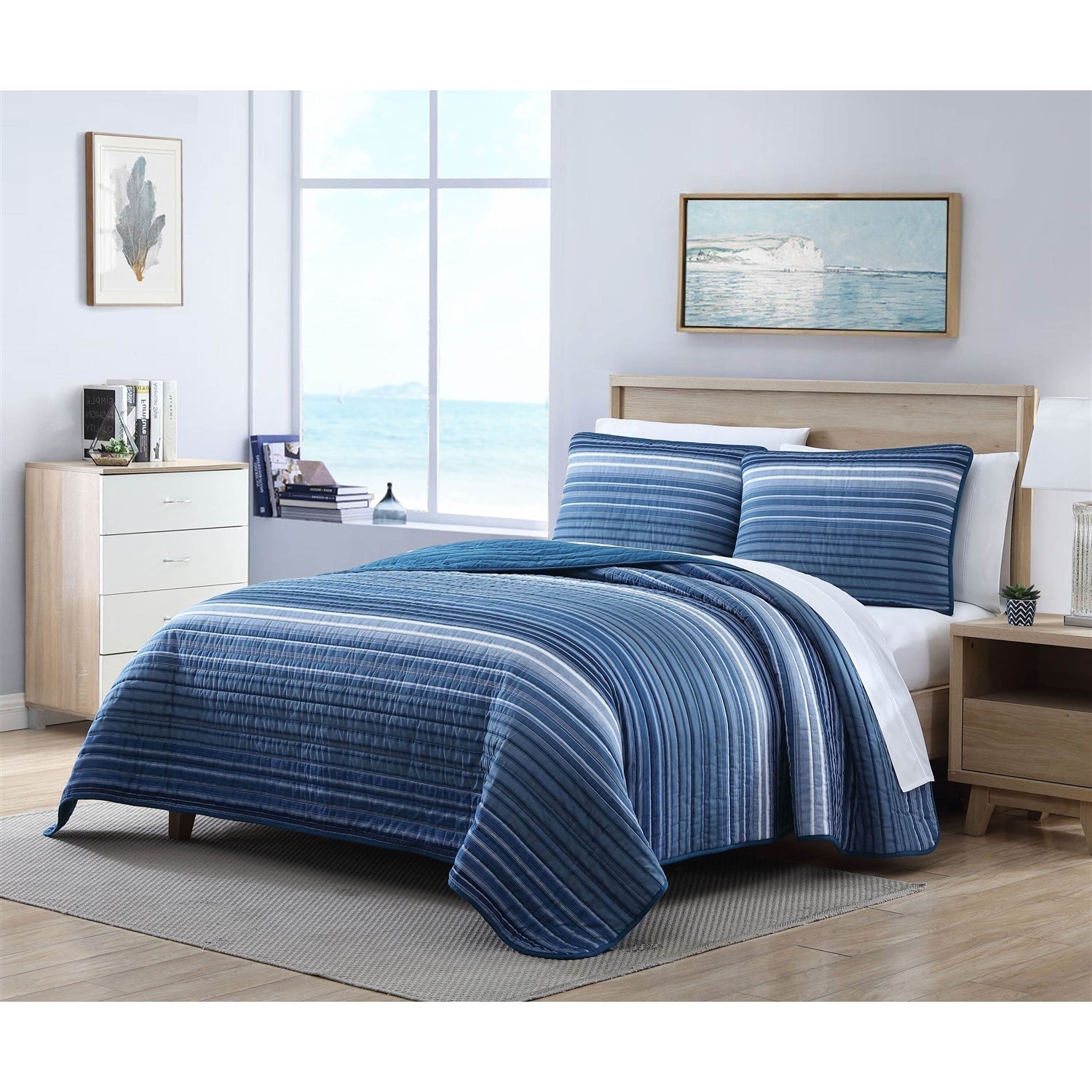 Bedroom > Quilts & Blankets - Twin Size Coastal Blue Stripe Reversible  Cotton Quilt Set