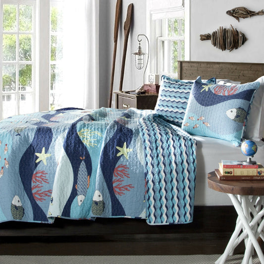 Bedroom > Comforters And Sets - Twin Blue Serenity Sea Fish Coral Coverlet Quilt Bedspread Set