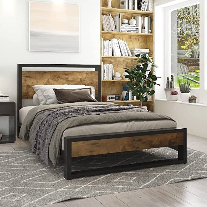 Bedroom > Bed Frames > Platform Beds - Twin Modern Farmhouse Platform Bed Frame With Wood Panel Headboard Footboard