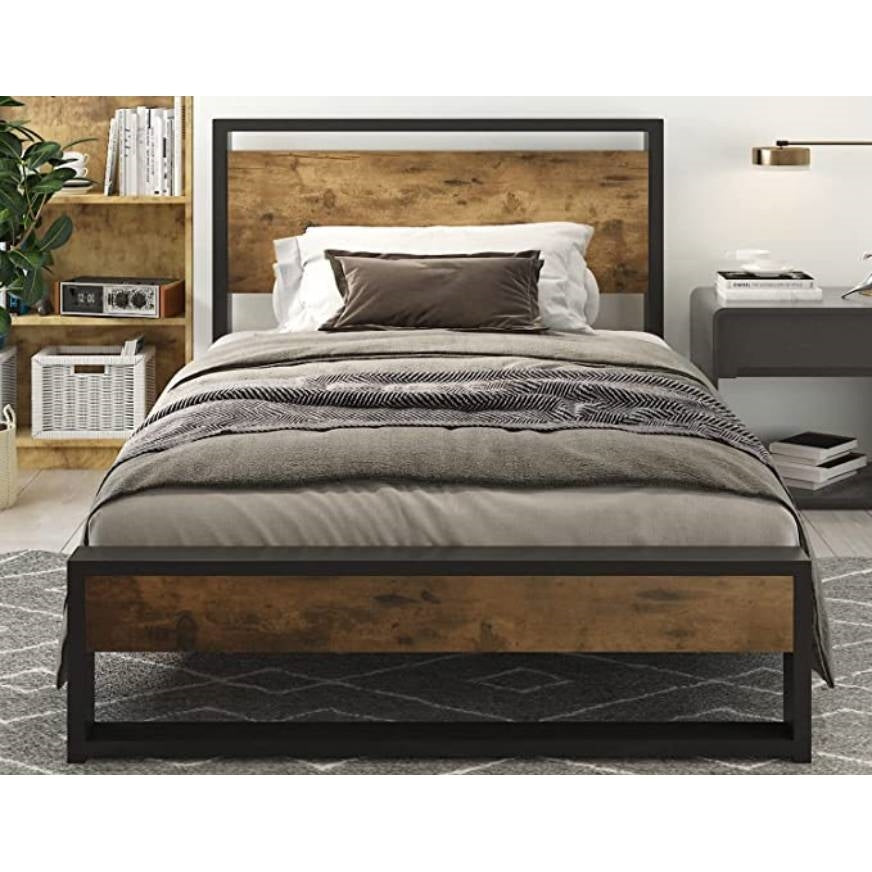 Bedroom > Bed Frames > Platform Beds - Twin Modern Farmhouse Platform Bed Frame With Wood Panel Headboard Footboard