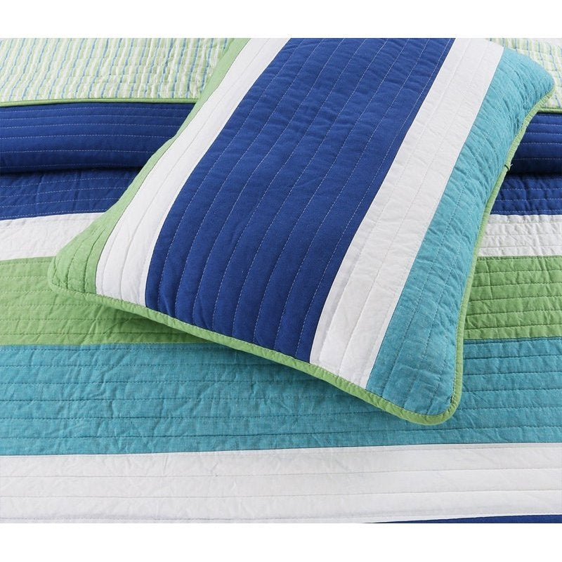 Bedroom > Quilts & Blankets - Twin Size Navy Blue/Green/Teal/White Stripe 100-Percent Cotton Quilt Set