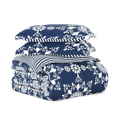 Bedroom > Comforters And Sets - Twin Size 3-Piece Navy Blue White Reversible Floral Striped Comforter Set