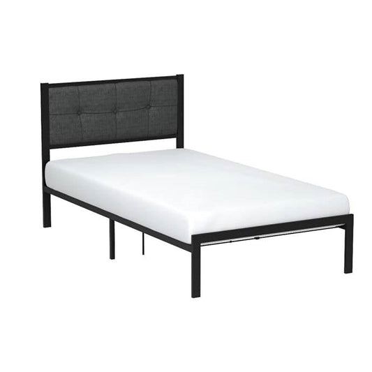 Bedroom > Bed Frames > Platform Beds - Twin Metal Platform Bed Frame With Gray Button Tufted Upholstered Headboard