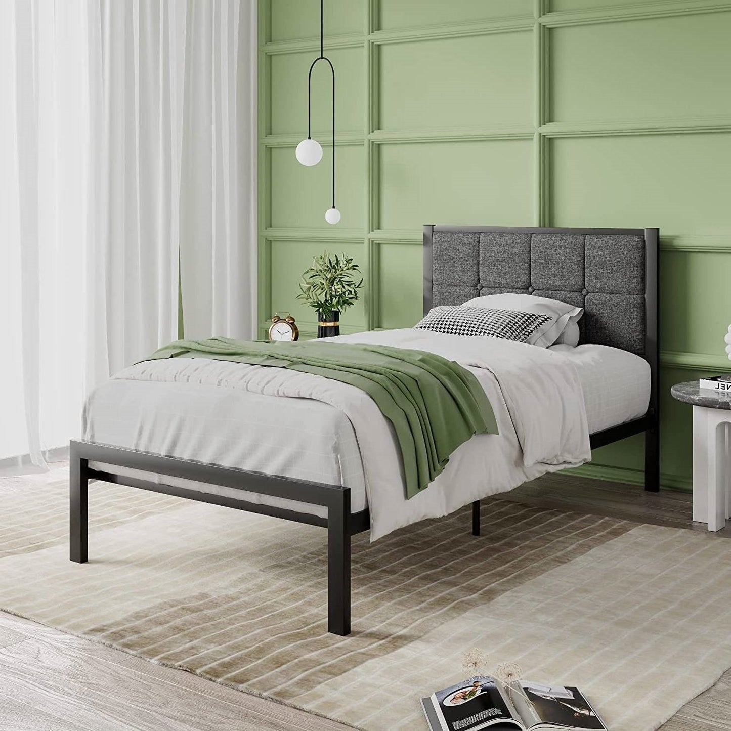 Bedroom > Bed Frames > Platform Beds - Twin Metal Platform Bed Frame With Gray Button Tufted Upholstered Headboard