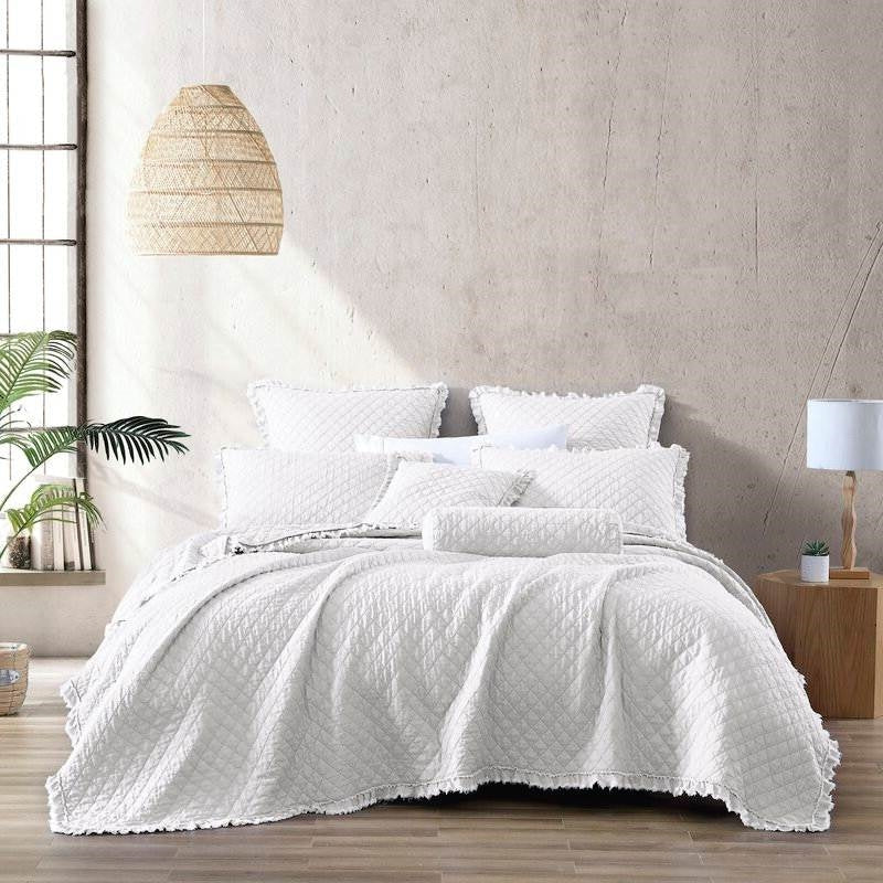 Bedroom > Bedspreads - Twin White Farmhouse Microfiber Diamond Quilted Bedspread Set Frayed Edges