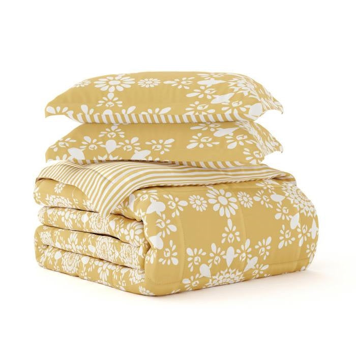 Bedroom > Comforters And Sets - Twin Size 2 Piece Yellow Reversible Daisy Medallion Striped Comforter Set