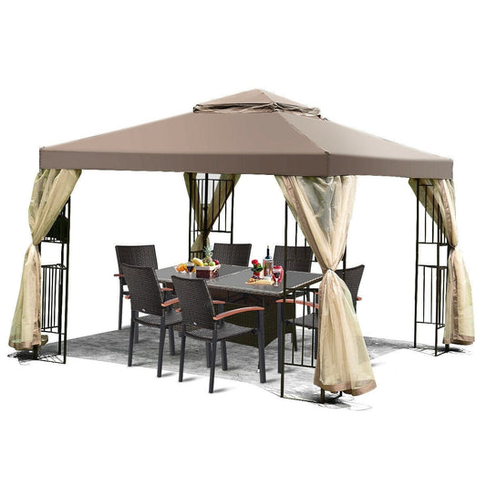 Outdoor > Gazebos & Canopies - 10 X 10 Ft Outdoor Patio Gazebo With Taupe Brown Canopy And Mesh Sidewalls