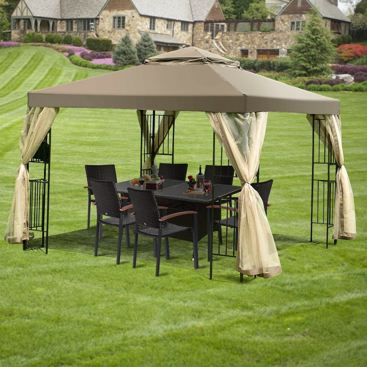 10 x 10 Ft Outdoor Patio Gazebo with Taupe Brown Canopy and Mesh Sidewalls-Novel Home