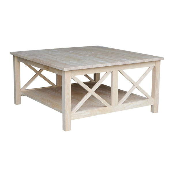 Living Room > Coffee Tables - Square Unfinished Solid Wood Coffee Table With Bottom Shelf