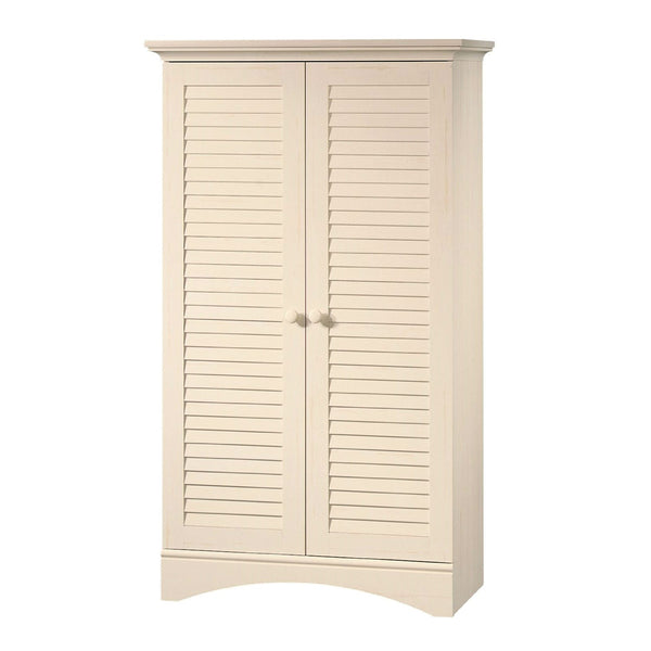 Bedroom > Wardrobe & Armoire - Antique White Finish Wardrobe Armoire Storage Cabinet With Louver Doors