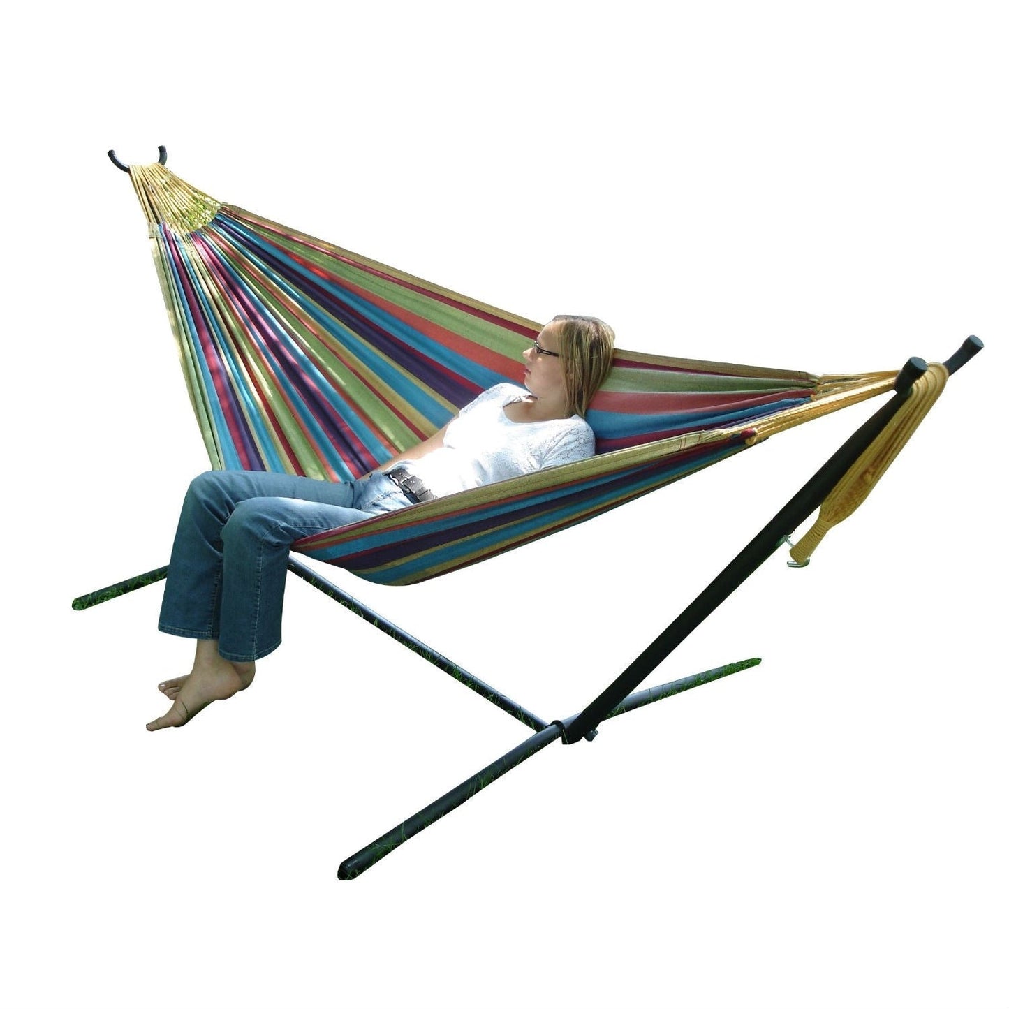Outdoor > Outdoor Furniture > Hammocks - Tropical Fabric Double Hammock With 9-Foot Steel Stand