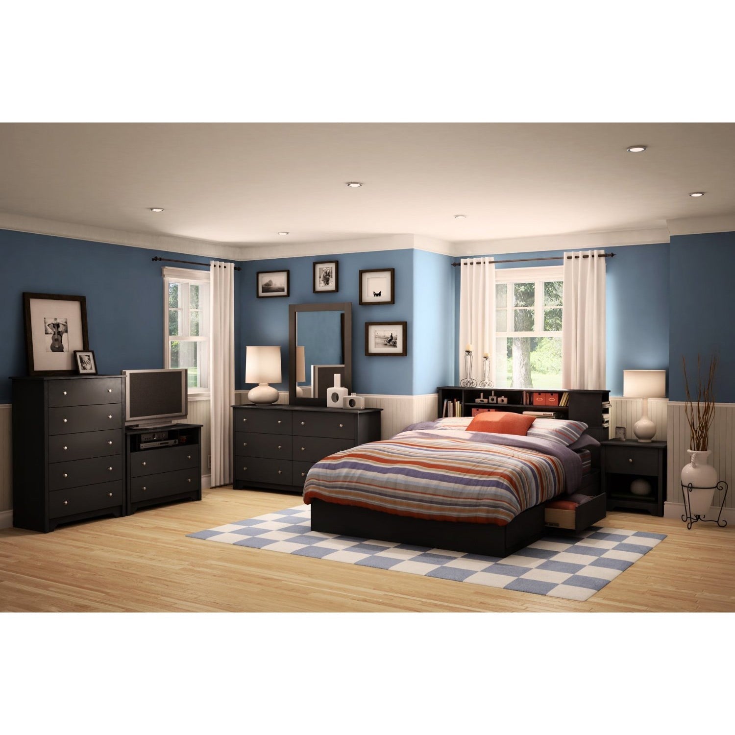 Bedroom > Nightstand And Dressers - Black 6 Drawer Bedroom Dresser With Nickle Metal Knobs Handles