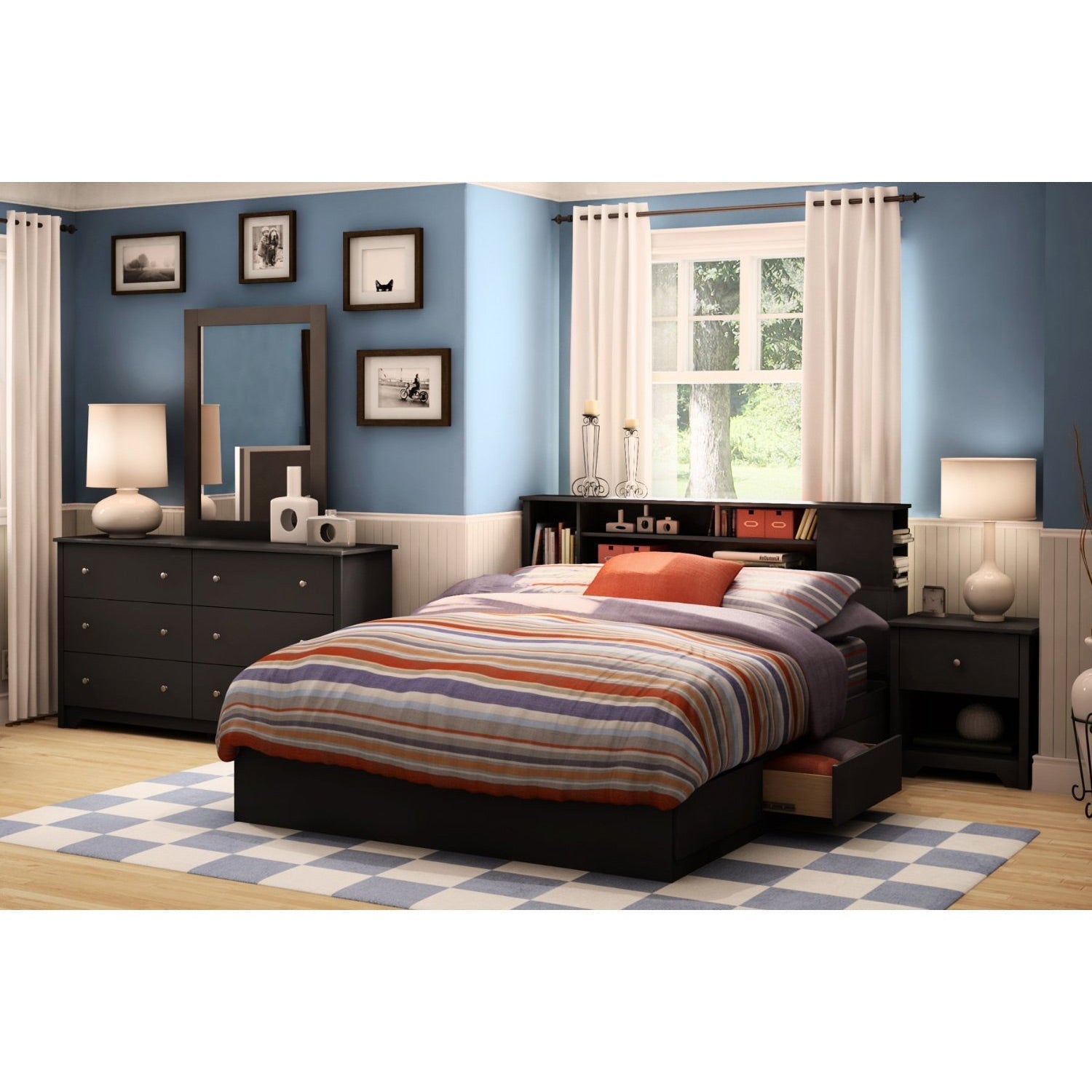 Bedroom > Nightstand And Dressers - Black 6 Drawer Bedroom Dresser With Nickle Metal Knobs Handles