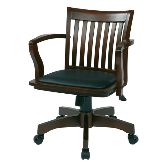 Office > Office Chairs - Espresso Bankers Chair With  Black Vinyl Padded Seat And Wood Arms