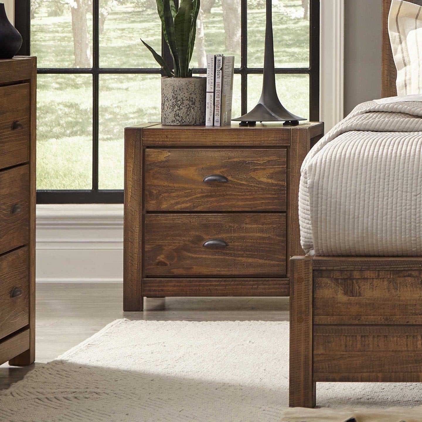 Bedroom > Nightstand And Dressers - Farmhouse Style Solid Pine Wood 2-Drawer Nightstand Bedside Table In Walnut