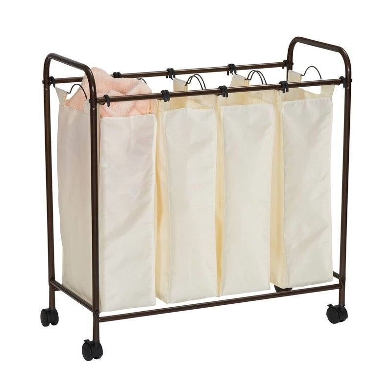 Bathroom > Laundry Hampers - Farmhouse 4 Section Removeable Bag Wheeled Laundry Sorter Cart