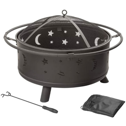 Outdoor > Outdoor Decor > Fire Pits - Heavy Duty Steel Metal Wood Burning Fire Pit With Moon And Stars Cutouts