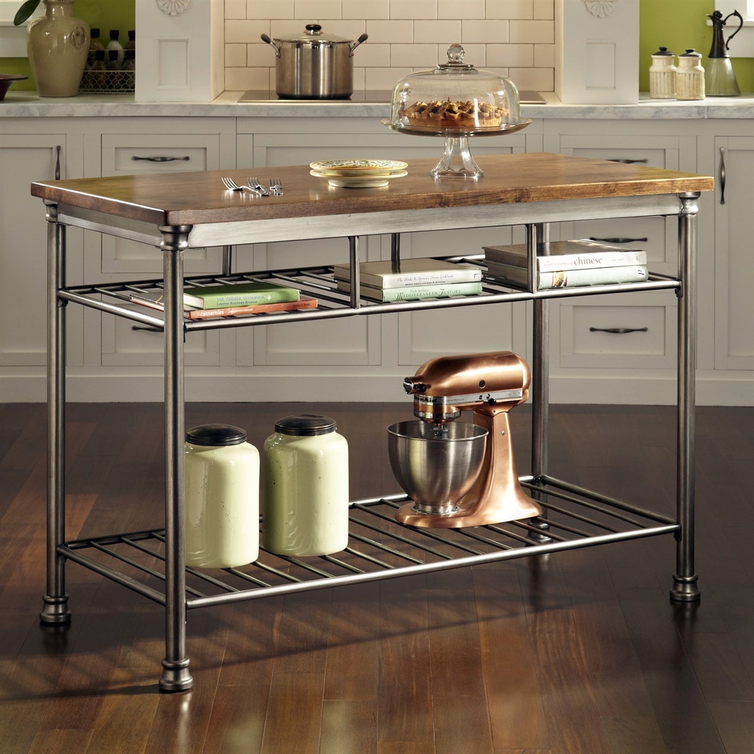 Kitchen > Utility Tables & Workbenches - Classic French Style Hardwood Butcher Block Top Metal Kitchen Utility Table