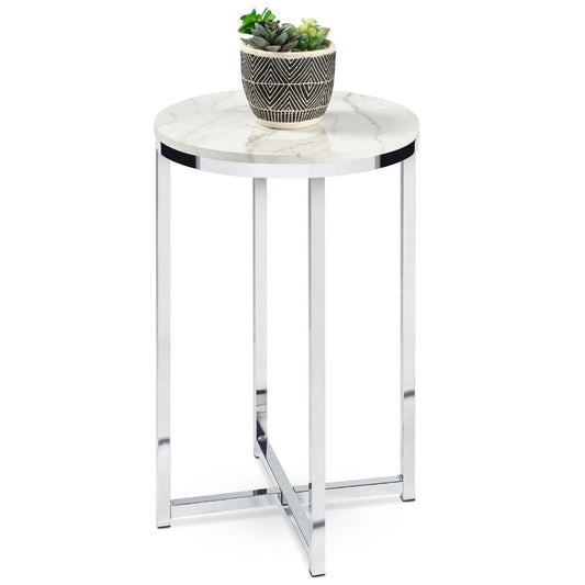 Bedroom > Nightstand And Dressers - Round Cross Leg Design Coffee Side Table Nightstand With Faux Marble Top White/Chrome
