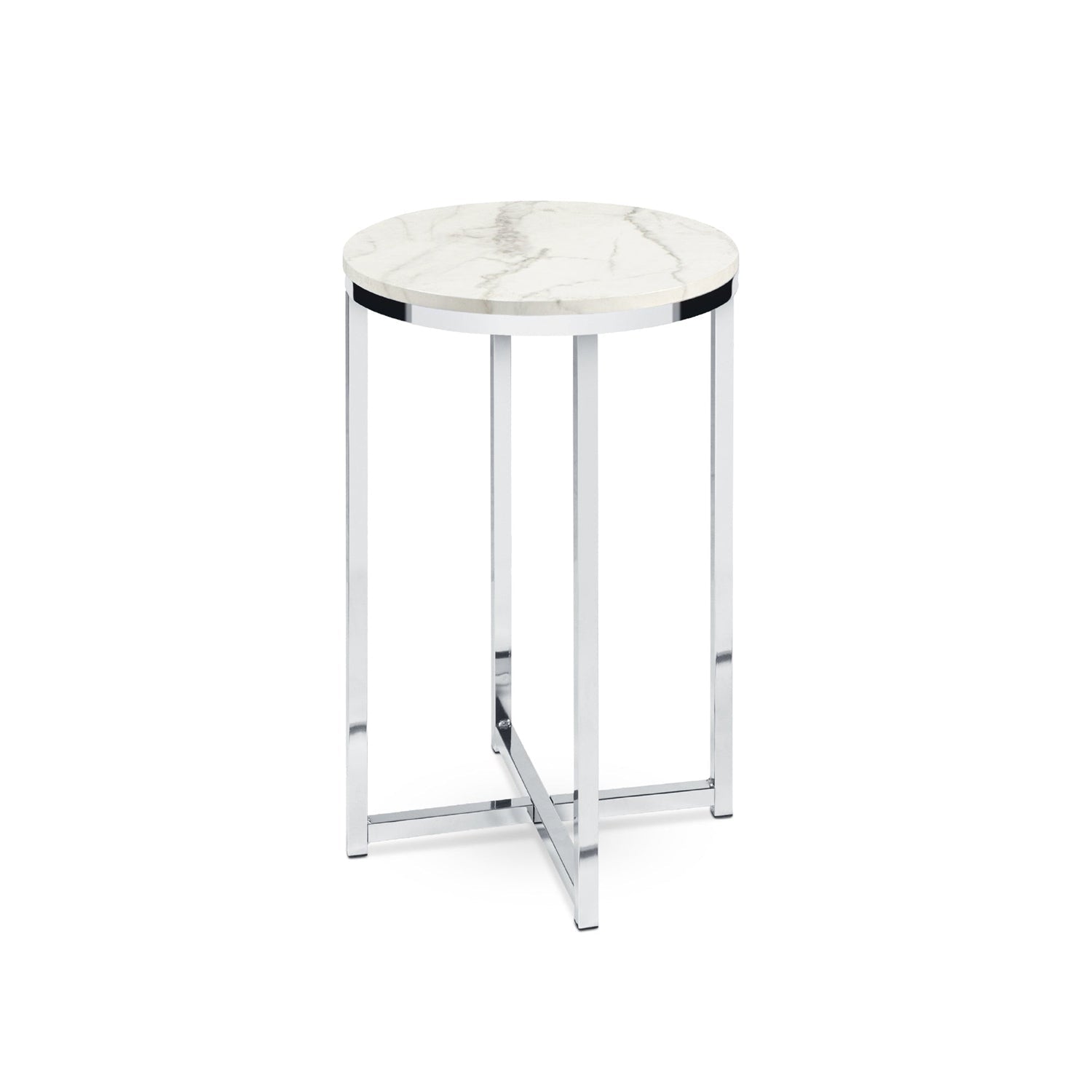 Bedroom > Nightstand And Dressers - Round Cross Leg Design Coffee Side Table Nightstand With Faux Marble Top White/Chrome