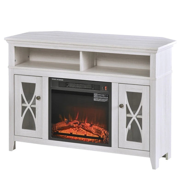 Accents > Electric Fireplaces - Rustic White Electric Fireplace Mantel TV Stand W/ Adjustable Shelves 2 Storage Cabinets