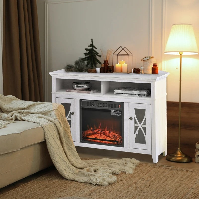 Accents > Electric Fireplaces - Rustic White Electric Fireplace Mantel TV Stand W/ Adjustable Shelves 2 Storage Cabinets