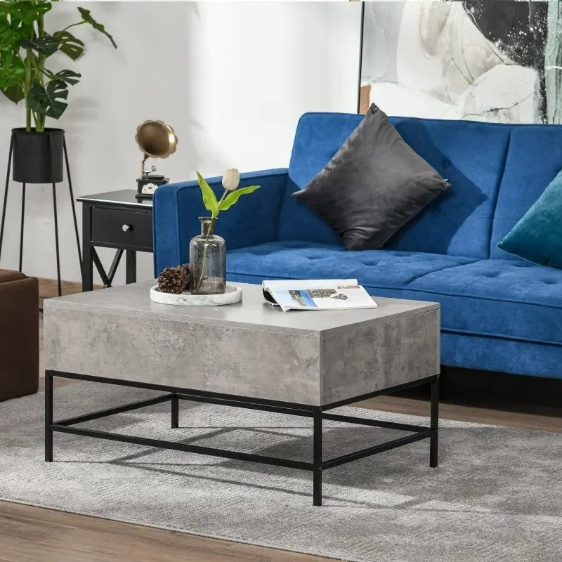 Living Room > Coffee Tables - Modern Grey Lift Top Coffee Table W/ Hidden Storage Black Metal Legs