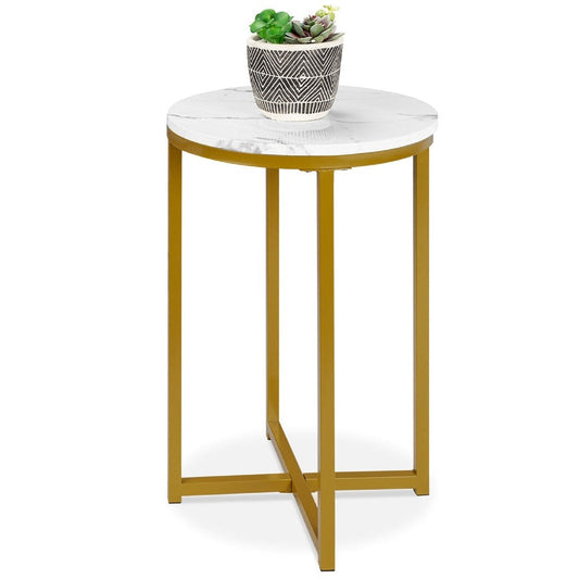 Bedroom > Nightstand And Dressers - Round Cross Leg Design Coffee Side Table Nightstand With Faux Marble Top White/Gold