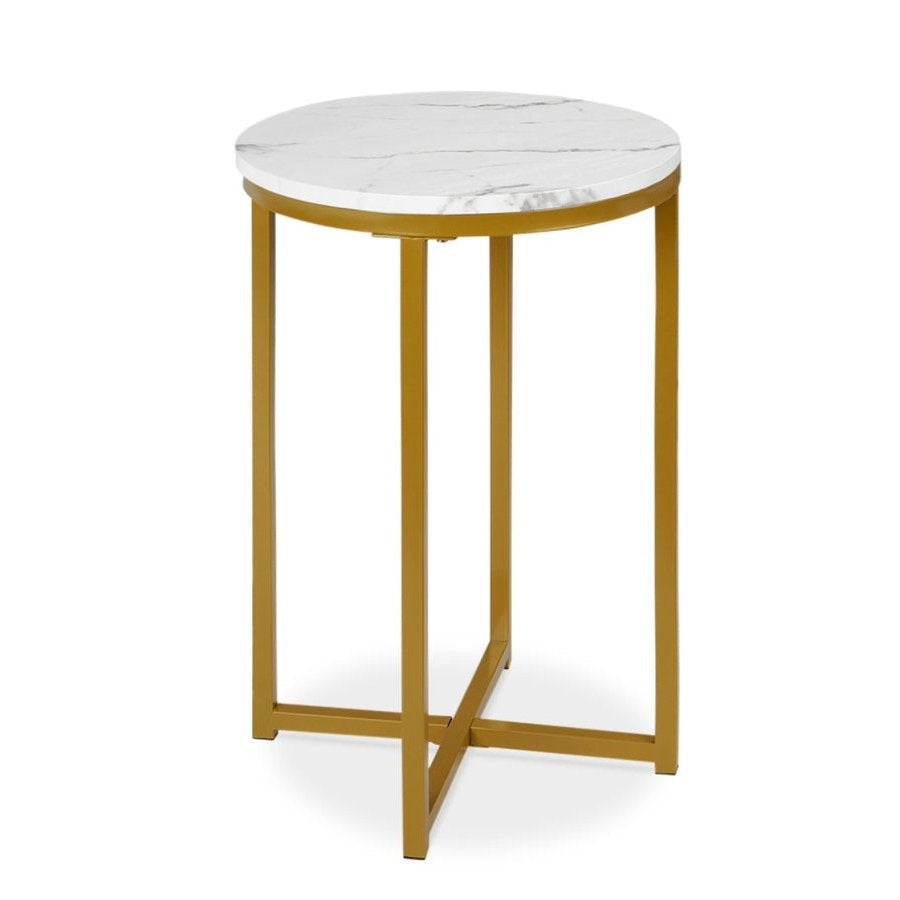 Bedroom > Nightstand And Dressers - Round Cross Leg Design Coffee Side Table Nightstand With Faux Marble Top White/Gold