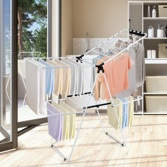 Eco-Friendly > Laundry - White 2 Level Foldable Clothes Drying Rack Adjustable Height