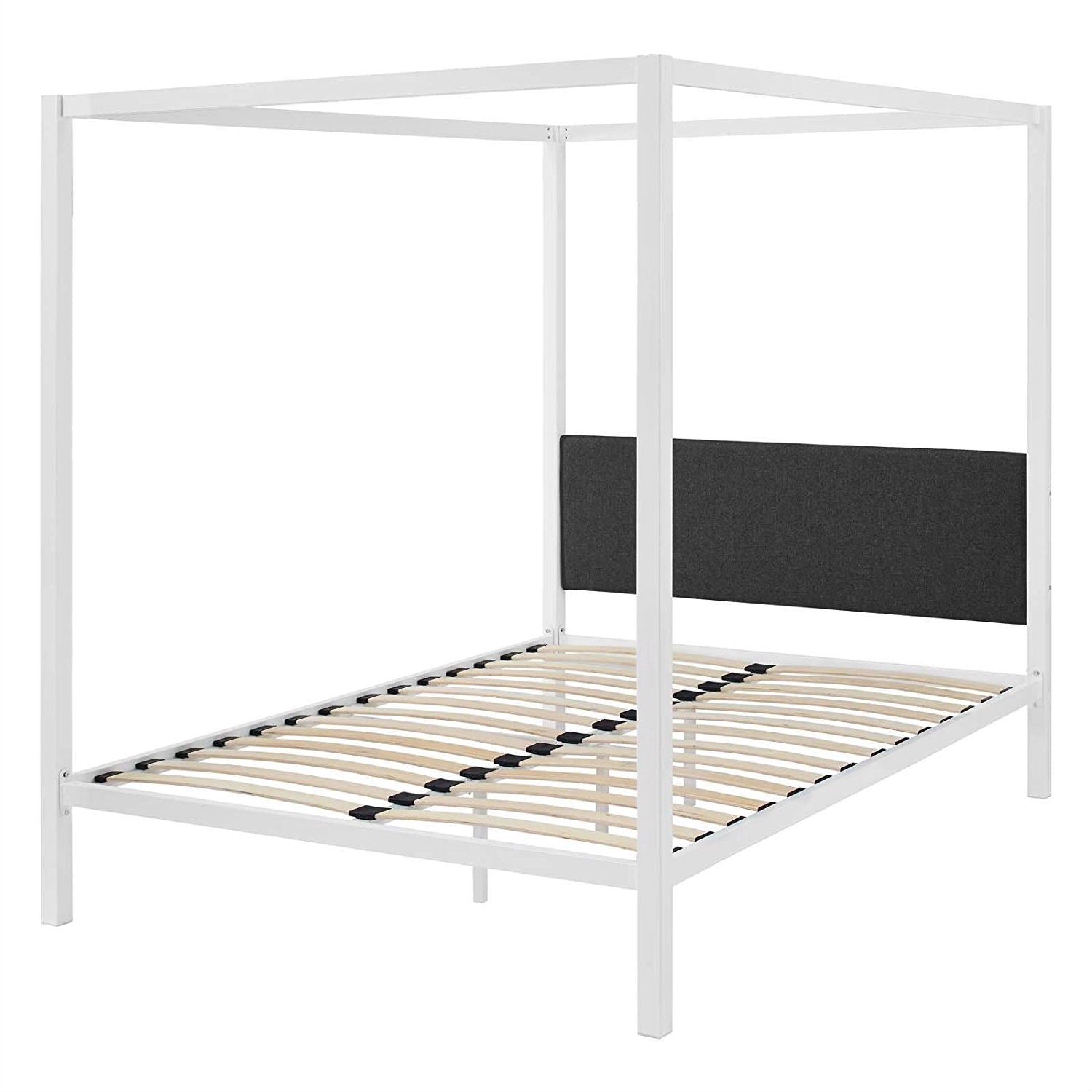 Bedroom > Bed Frames > Canopy Beds - Queen Size White Metal Canopy Bed Frame With Grey Fabric Upholstered Headboard