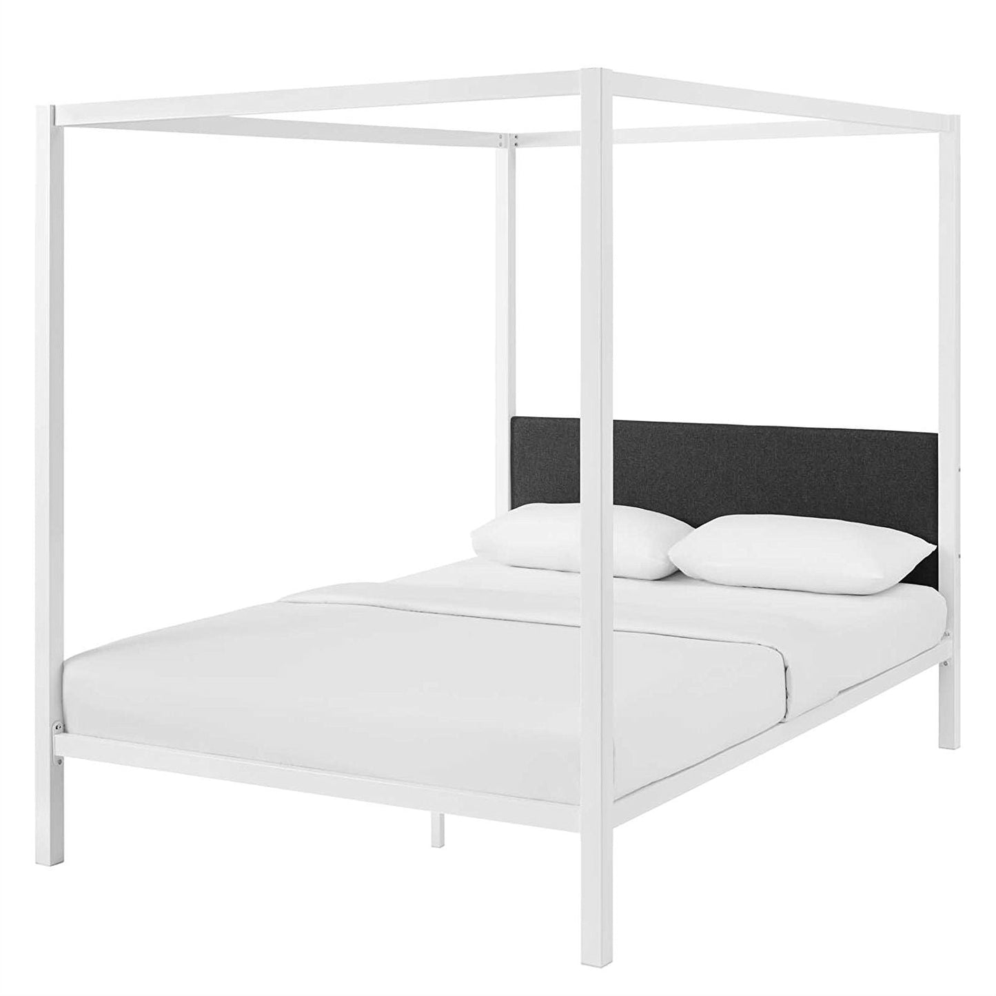 Bedroom > Bed Frames > Canopy Beds - Queen Size White Metal Canopy Bed Frame With Grey Fabric Upholstered Headboard