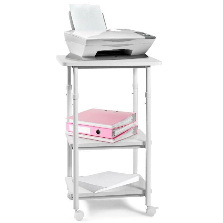 Office > Printer Stands - White Multifunction Adjustable Height 3-tier Printer Stand On Wheels