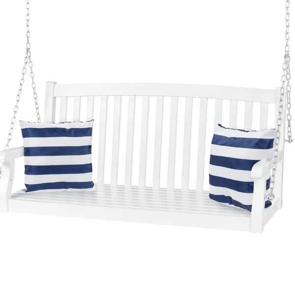 Outdoor > Outdoor Furniture > Porch Swings And Gliders - White Acacia Wooden Curved Back Hanging Porch Swing Bench With Mounting Chains