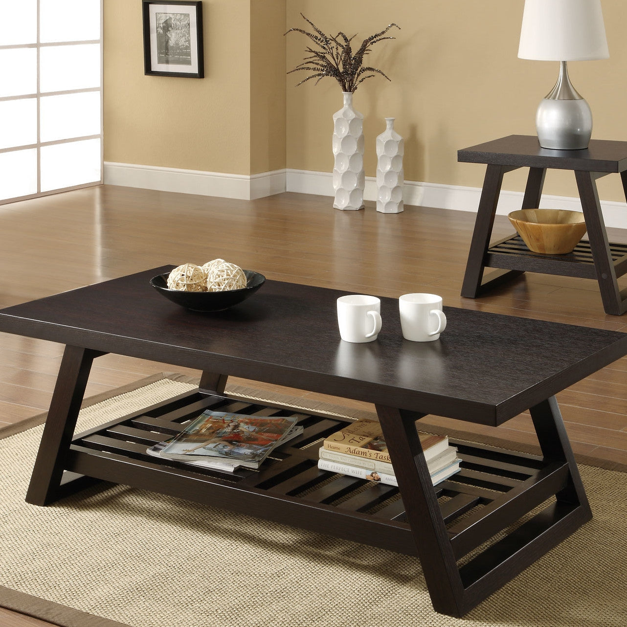 Living Room > Coffee Tables - Contemporary Coffee Table With Slatted Bottom Shelf In Rich Brown
