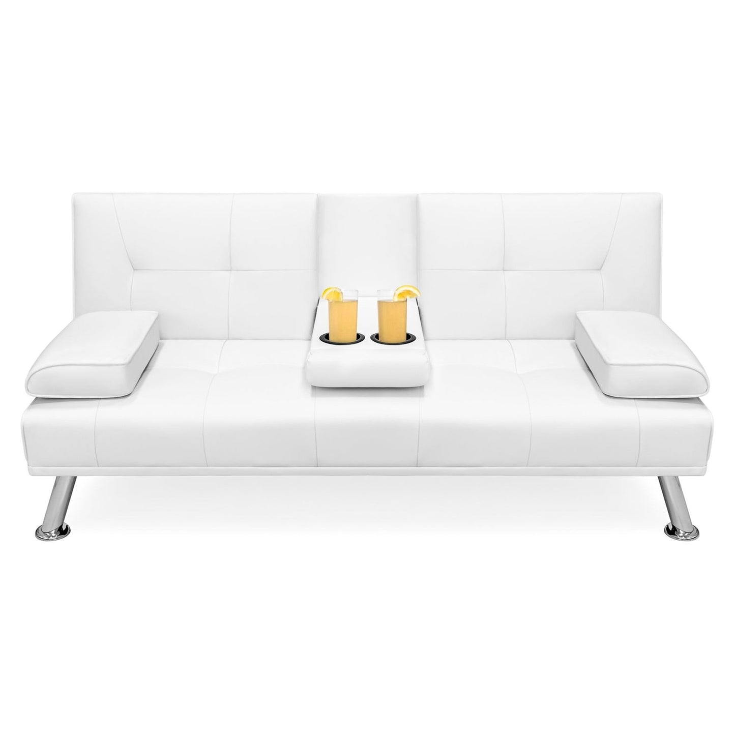 Living Room > Sofas - White Faux Leather Convertible Sofa Futon With 2 Cup Holders